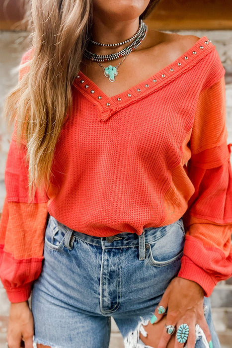 Red Waffle Studded V Neck Patchwork Keyhole Back Top