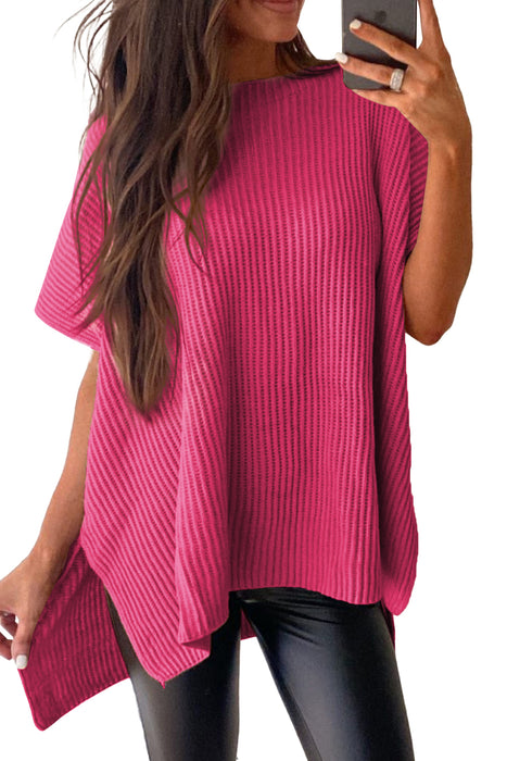 Rose Red Side Slit Short Sleeve Oversized Sweater