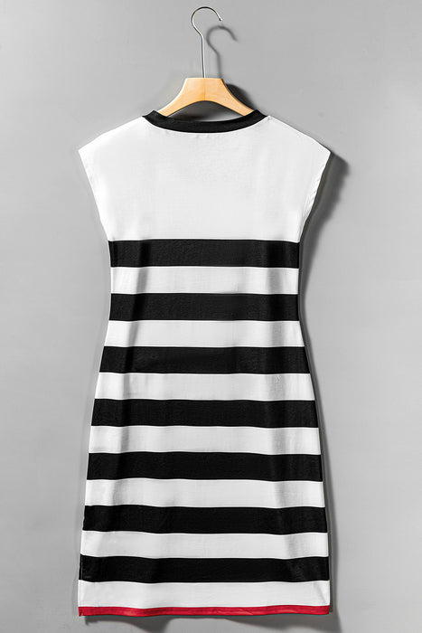 Stripe Elegant V Neck Cap Sleeve Midi Dress