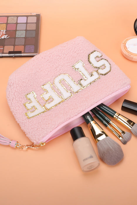 Pink Sparkle Letter Pattern Tassel Zipper Makeup Bag