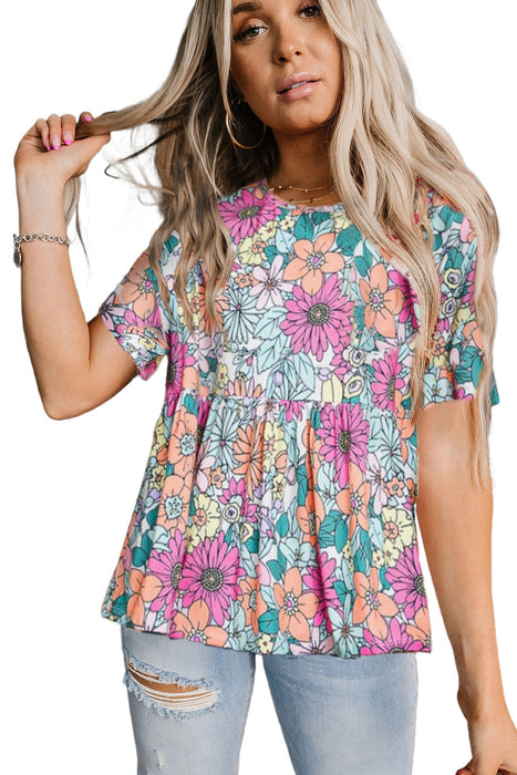 Multicolor Floral Print Ruffle Round Neck Babydoll Tee