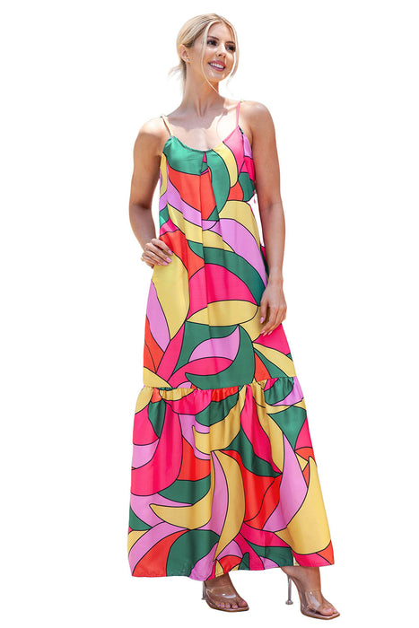 Multicolor Geometric Colorblock V Neck Tiered Maxi Dress