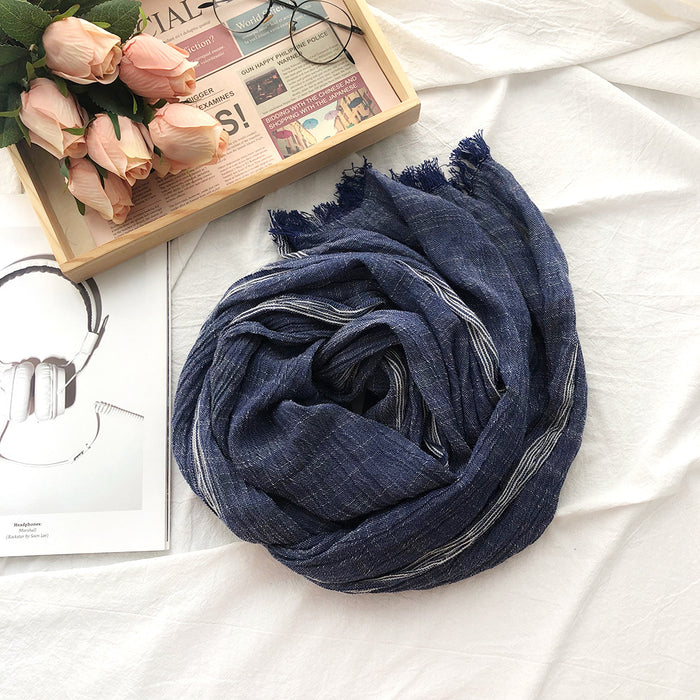 Japanese And Korean Striped Solid Color Cotton And Linen Scarf