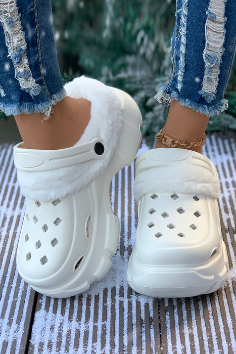 White Plush Lining Winter Hollowed Thick Sole Clogs