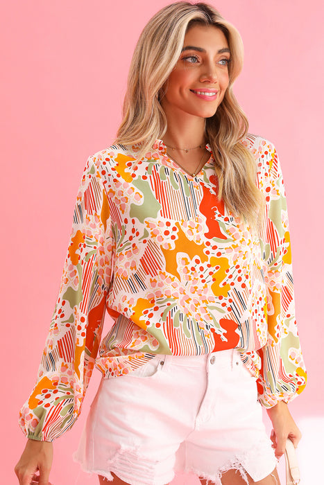 Orange Abstract Printed Split V Neck Puff Sleeve Blouse