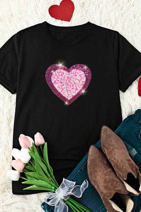 Black Valentine Leopard Heart Shape Graphic Tee