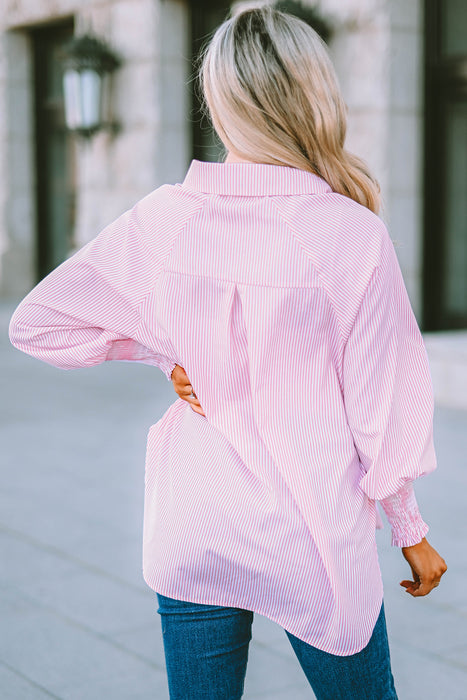 Black Striped Casual Shirred Cuffs Shirt