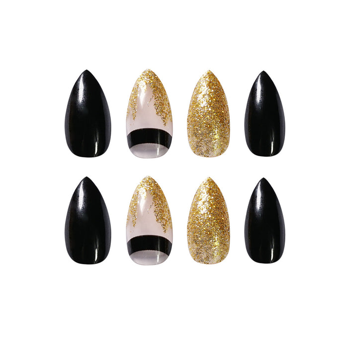 Black Gold Glitter Pointed Wear Nail Art Finished Fake Nails