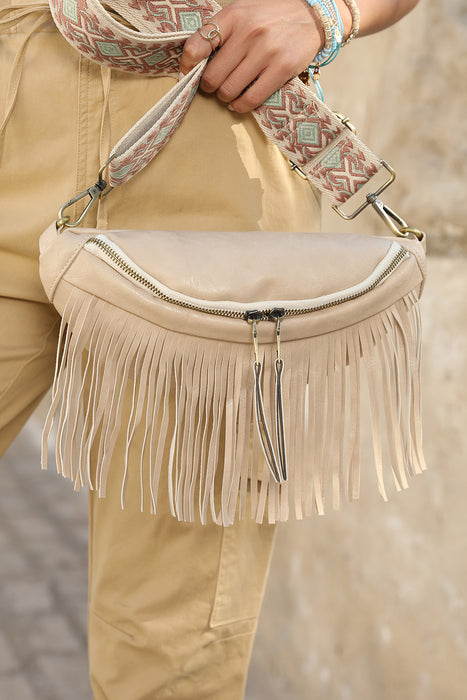 White Geometric Pattern Strap Tassel Crossbody Bag