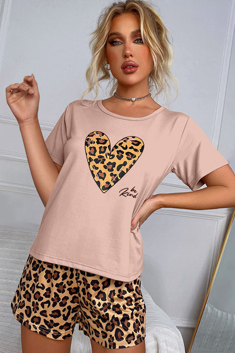 Multicolor Leopard Heart Print T Shirt & Shorts Lounge Set