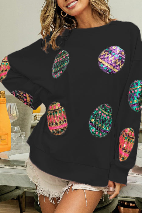 Pink Easter Sequin Egg Print Drop Shoulder Graphic Oversized Sweatshirt