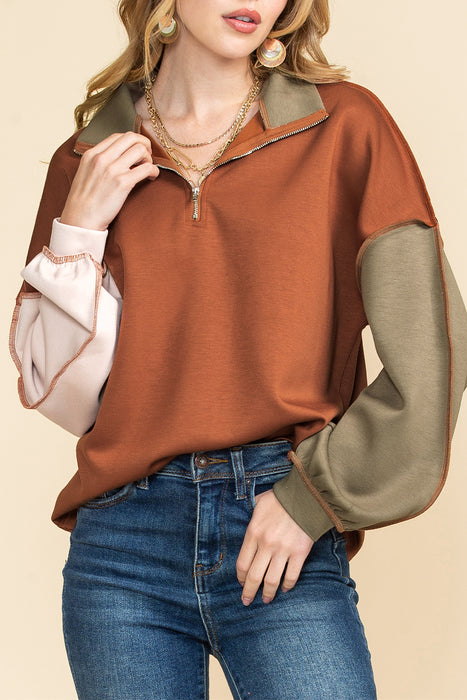 Khaki Patchwork Bishop Sleeve Zip Neck Sweatshirt