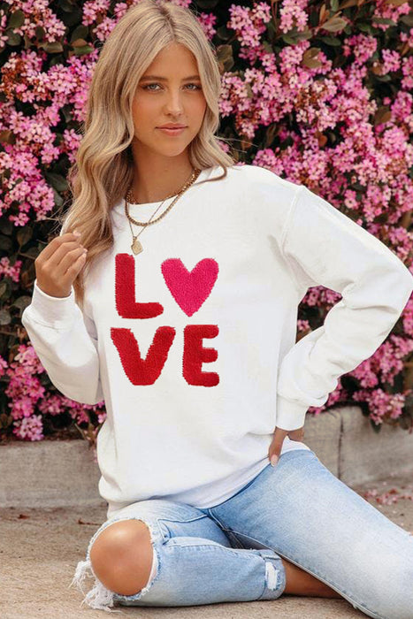 Beige LOVE Patched Graphic Valentines Sweatshirt