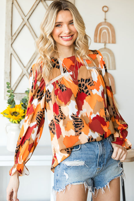 Multicolor Abstract Bohemian Puff Sleeve Blouse