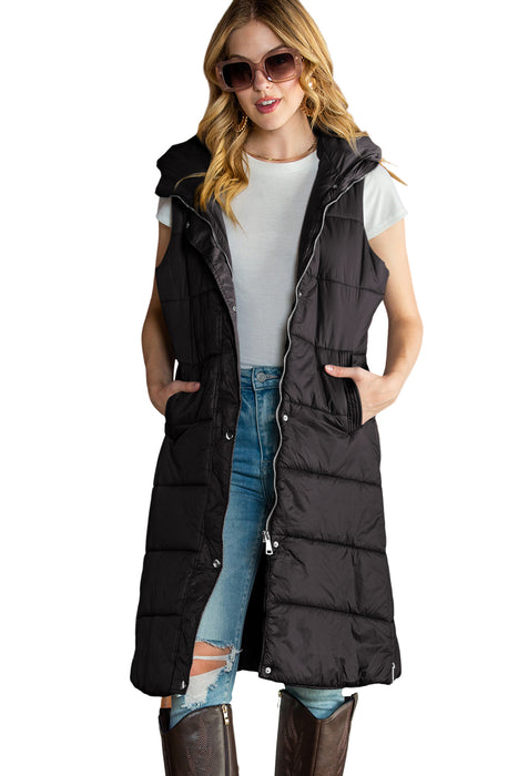 Brown Hooded Pocketed Quilted Long Vest Coat