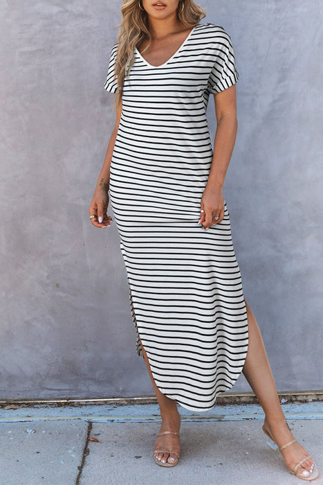 Black Striped Print Side Split Short Sleeve V Neck Maxi Dress