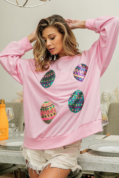 Pink Easter Sequin Egg Print Drop Shoulder Graphic Oversized Sweatshirt