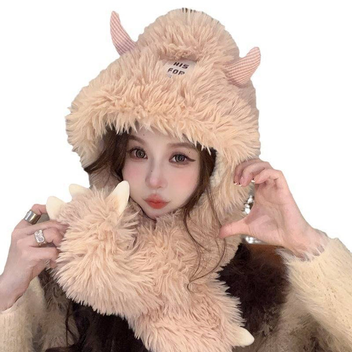 Hat And Scarf Integrated Cartoon Versatile Plush Ear Protection