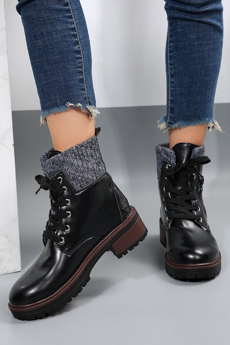 Black Knitted Patched Lace Up Heeled Ankle Boots