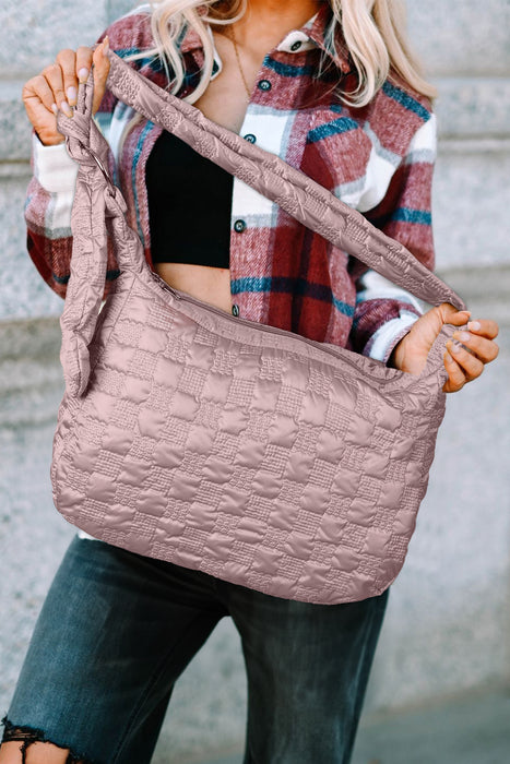 Pink Checkered Bubble Textured Zipped Large Shoulder Bag