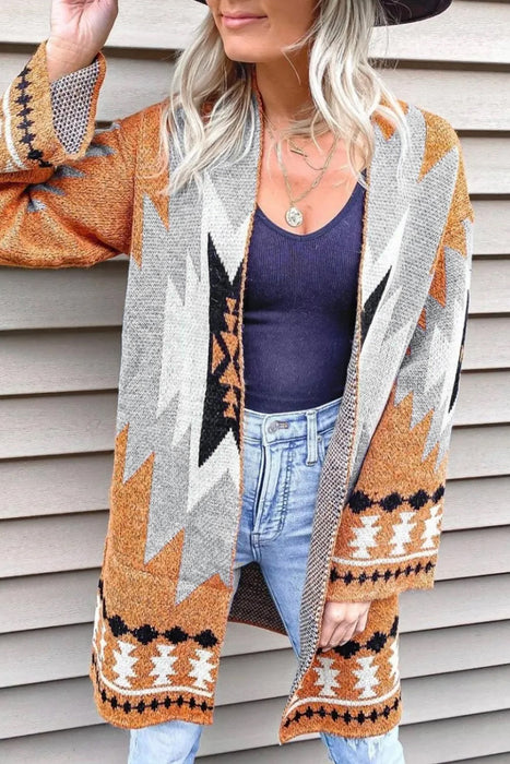 Gold Flame Geometric Graphic Open Front Cardigan