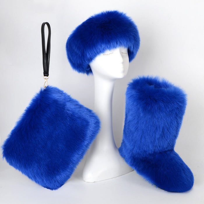 Fur Boots Velvet Padded Plus Size Imitation Fox Fur Fur Women's Snow Boots Three-piece Set