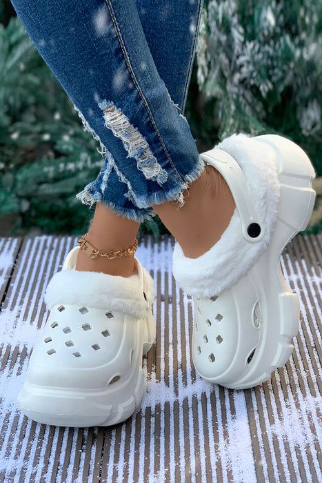 White Plush Lining Winter Hollowed Thick Sole Clogs