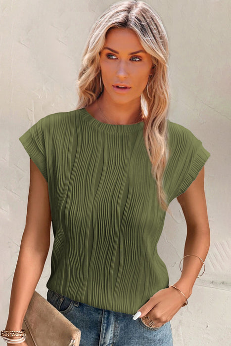 Black Solid Color Wavy Textured Cap Sleeve Top