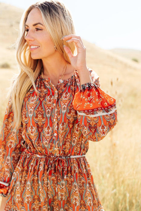 Orange Bohemian Floral Print Buttons Pleated Drawstring Short Dress