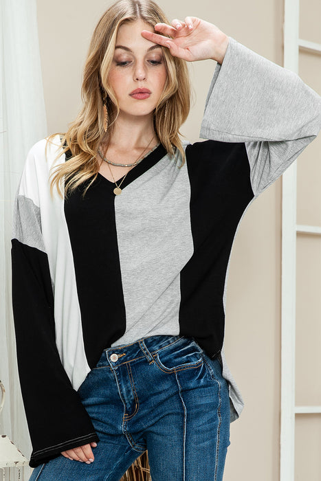 Black Color Block Ribbed Knit V Neck Pullover Long Sleeve Top