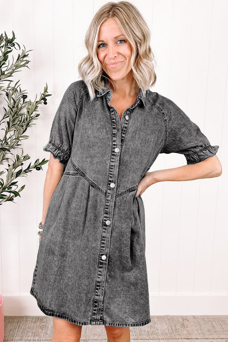 Blue Mineral Washed Ruffled Short Sleeve Pocketed Denim Dress