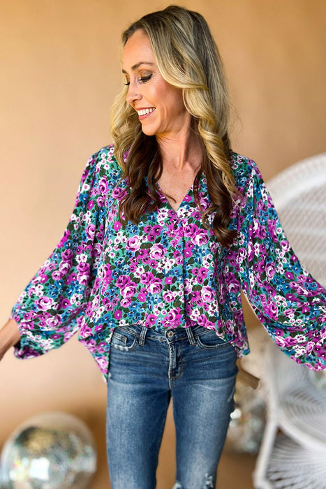 Multicolor Boho Floral Print V-Neck Long Sleeve Blouse