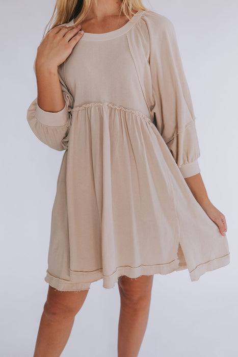 Oatmeal Frill Detail Exposed Seam Slits Mini Dress