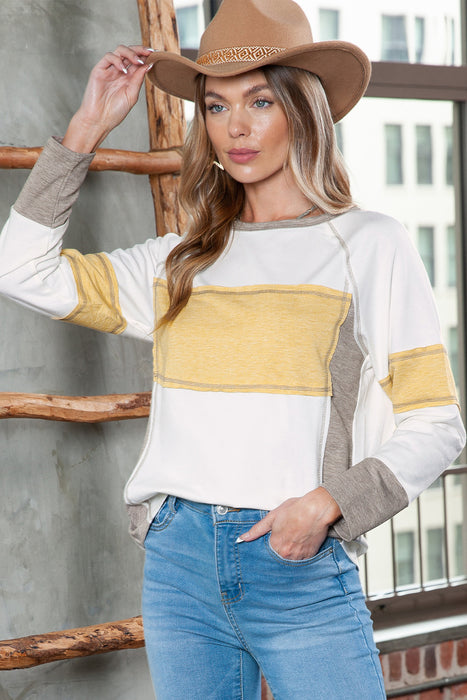 White Color Block Exposed Seam Pullover Long Sleeve T Shirt