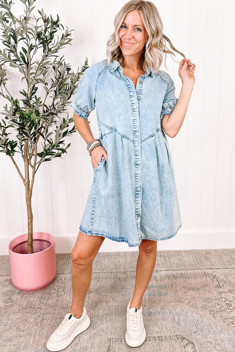 Blue Mineral Washed Ruffled Short Sleeve Pocketed Denim Dress