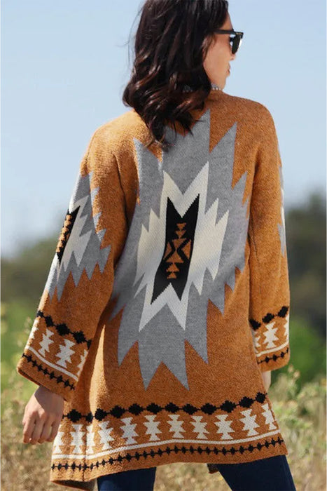 Gold Flame Geometric Graphic Open Front Cardigan