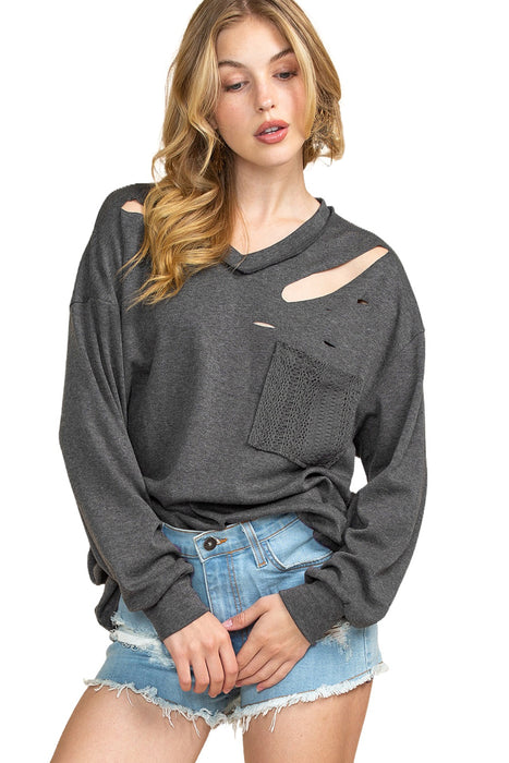 Grey Patch Pocket Distressed Long Sleeve V Neck Top