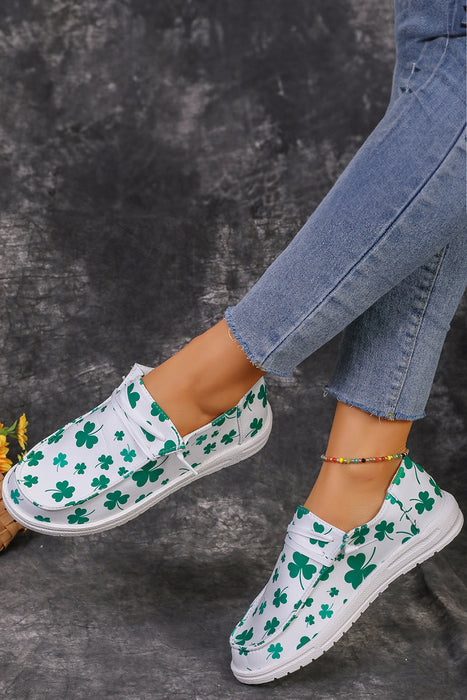 White St Patricks Day Clover Print Lace Up Canvas Sneakers