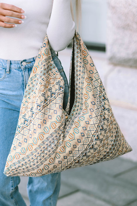 White Geometric Print Canvas Triangle Tote Bag