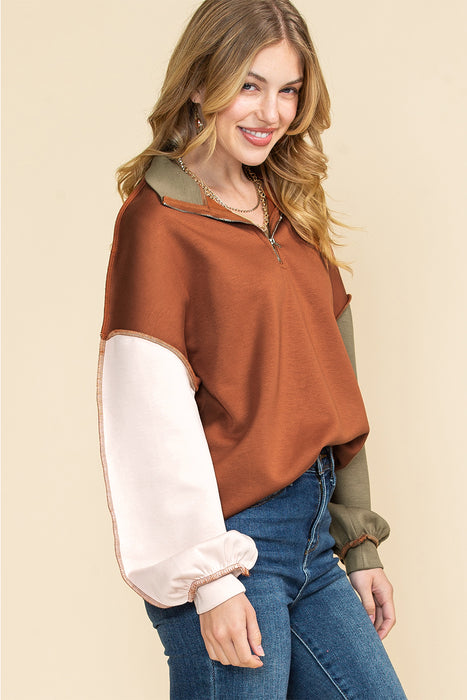 Khaki Patchwork Bishop Sleeve Zip Neck Sweatshirt