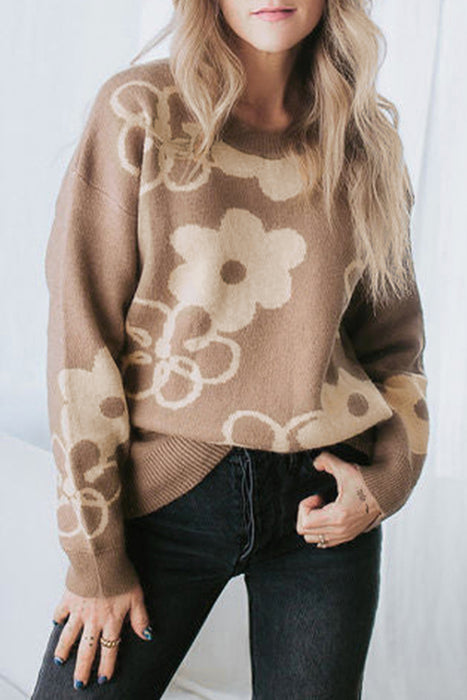 Camel Floral Print Ribbed Contrast Sweater