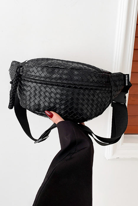 Black Woven Style PU Leather Large Crossbody Bag