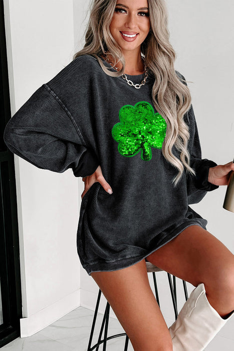 Black Sequin Embroidered Clover Corded Graphic Sweatshirt