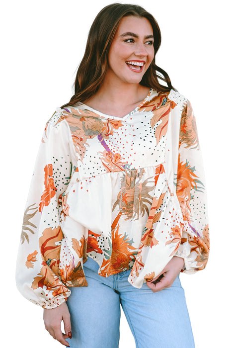 Multicolor Fall Maple Leaves V Neck Babydoll Blouse