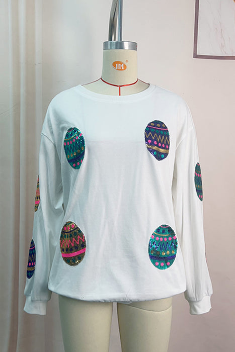 Pink Easter Sequin Egg Print Drop Shoulder Graphic Oversized Sweatshirt