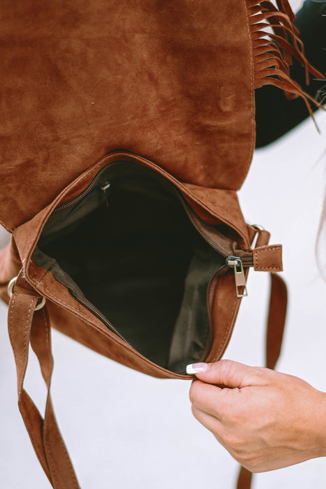 Chestnut Vintage Faux Suede Fringed Saddle Bag