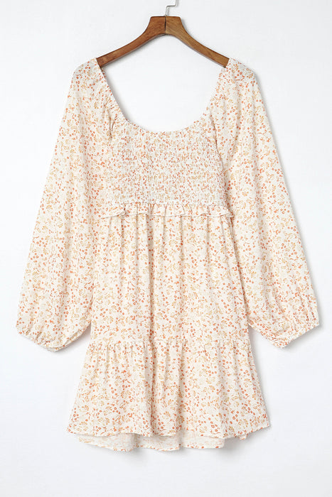 Apricot Boho Floral Smocked Puff Sleeve Short Dress