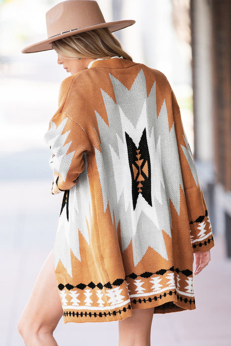 Gold Flame Geometric Graphic Open Front Cardigan