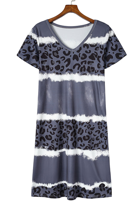 Rose Leopard Tie Dye Color Block V-Neck T-Shirt Dress