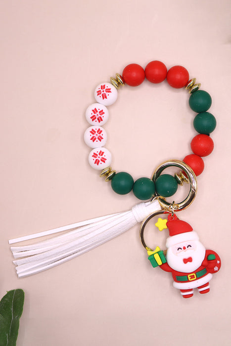 Fiery Red Santa Christmas Silicone Bead Tassel Bracelet Keyring